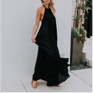 Black high neck tie back halter gauzy maxi pockets